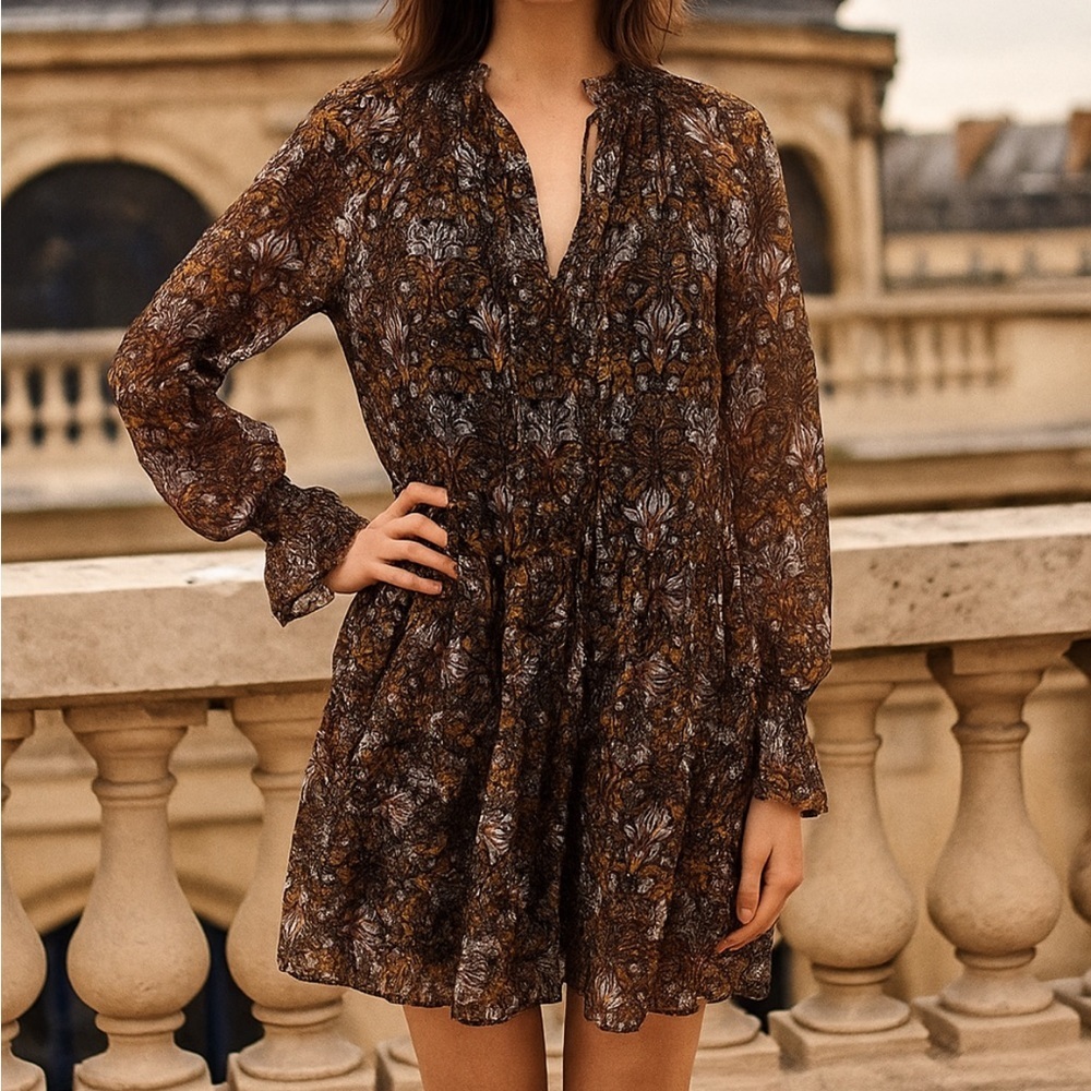 Anthropologie Current Air Ruffle Metallic Patterned Mini Dress